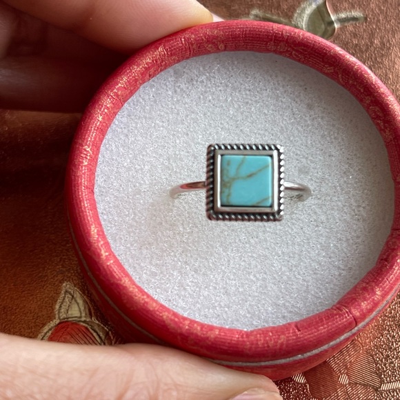 925 Sterling Silver Natural Turquoise Square Vintage Open Ring - Picture 4 of 4